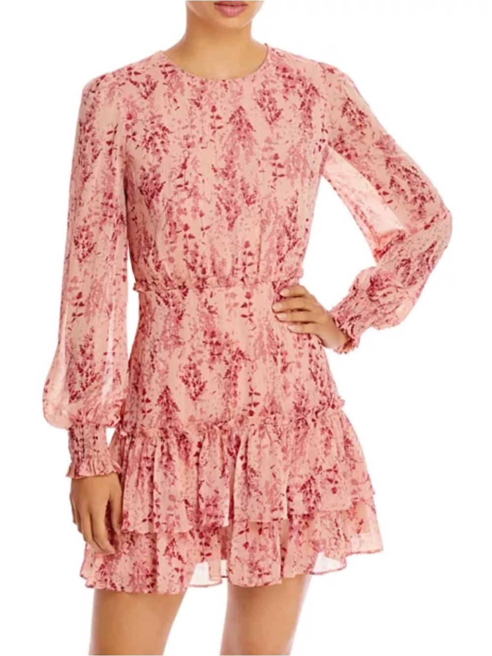 AQUA | Pink Floral Tiered Long-Sleeve Dress